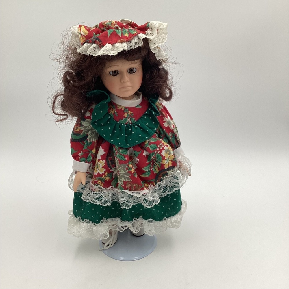 Vintage Porcelain Doll In Floral Dress & Bonnet With Stand 12" Tall Christmas Gr